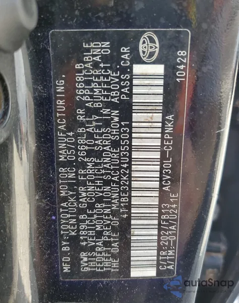 2004 Toyota Camry Le z USA, uszkodzony, nr VIN 4T1BE32K24U355031